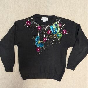 Vintage Bonnie Evans Black Sequin Butterfly Flowers Sweater Size Medium